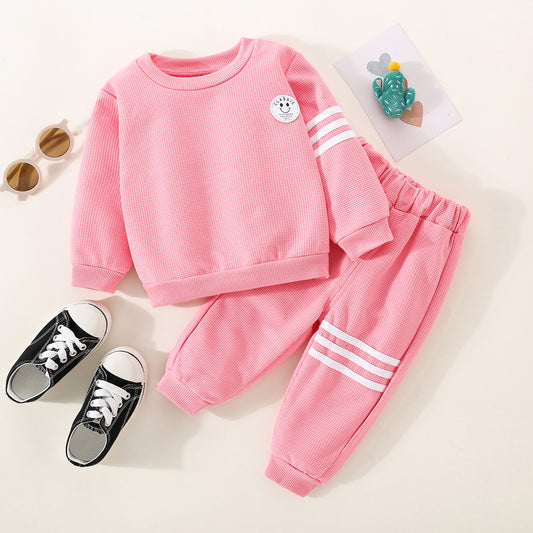 2-piece Toddler Girls Solid Color Stripe Printed Long Sleeve Top & Matching Pants
