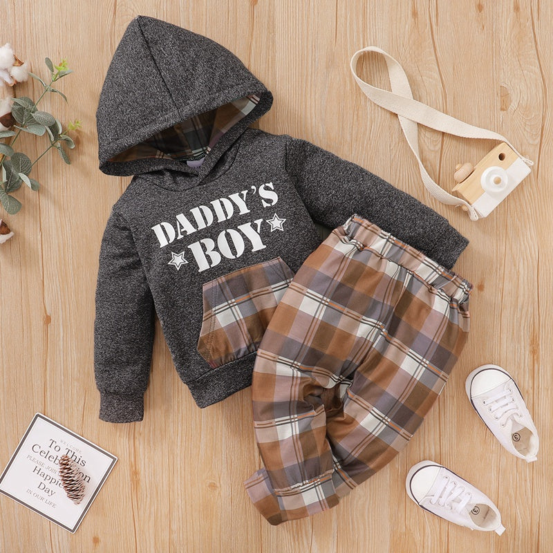 Mayoreo Pantalones con estampado de cuadros y sudadera con capucha y bloque de color con estampado de letras para niño pequeño gris 18-24 meses