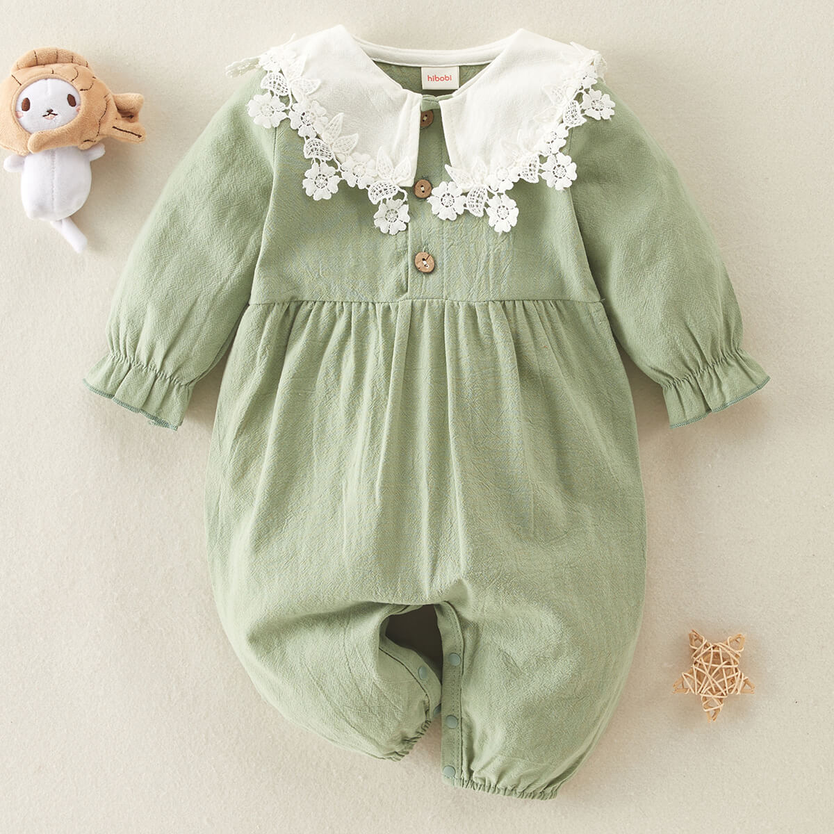Mayoreo Mono de manga larga con volantes y cuello de muñeca para bebé niña Verde 12-18 meses