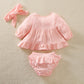 Mayoreo Baby Girl Ruffle Top And Pant There Piece With belt Rosado 9-12 M