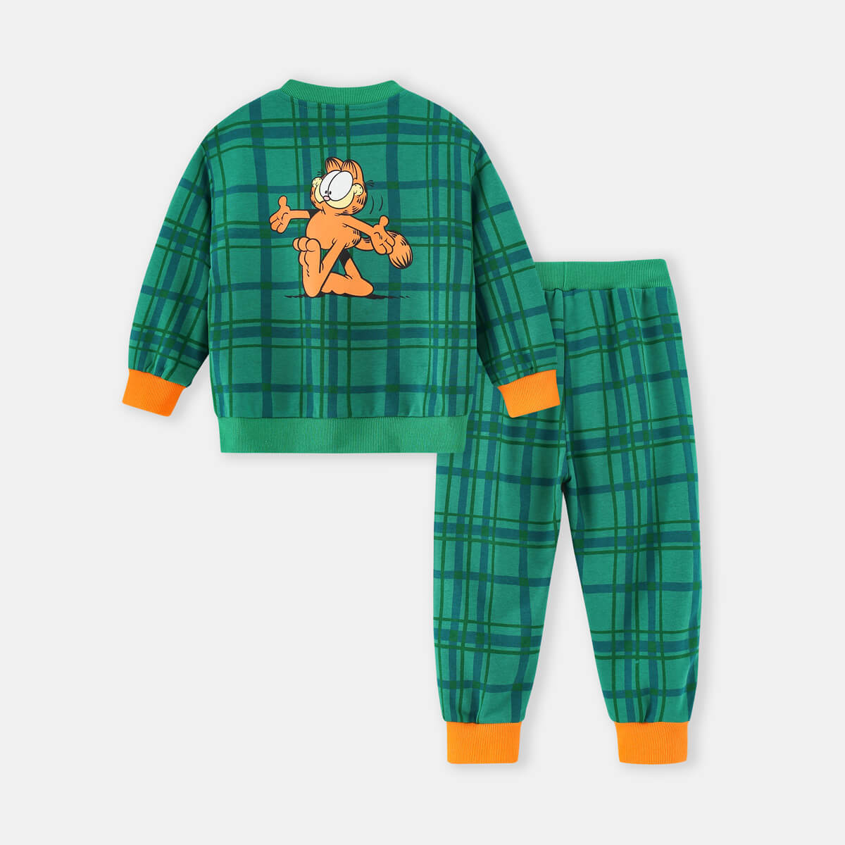 Mayoreo x Garfield Traje de pantalón y top de gato de dibujos animados informal a cuadros para niños pequeños Verde 2-3 años