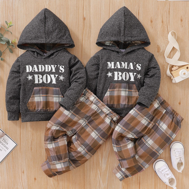 Mayoreo Pantalones con estampado de cuadros y sudadera con capucha y bloque de color con estampado de letras para niño pequeño gris 12-18 meses