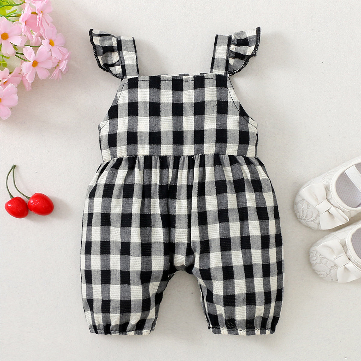 Mayoreo Body con volantes a cuadros para bebé niña 6-9 M Blanco negro