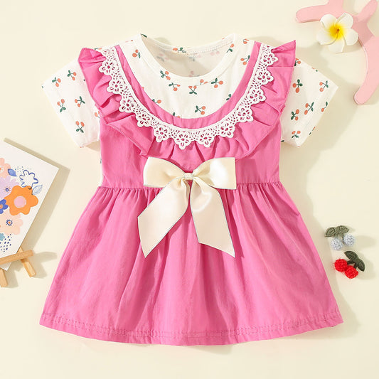Mayoreo Vestido de manga corta con diseño de cerezas de algodón puro para niñas pequeñas Rosa caliente 9-12 M