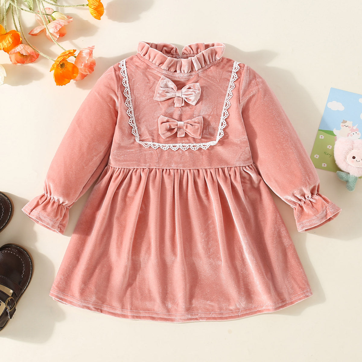 Mayoreo Vestido de manga larga con lazo delantero con volantes de color liso para niña pequeña Rosado 18-24 M