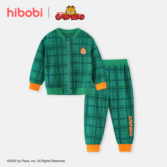 Mayoreo x Garfield Traje de pantalón y top de gato de dibujos animados informal a cuadros para niños pequeños Verde 18-24 meses