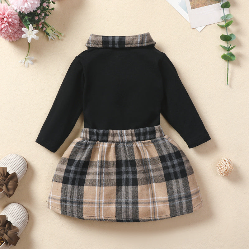 Mayoreo Baby Girl Sweet Plaid Falda de manga larga de dos piezas Negro 6-9 meses