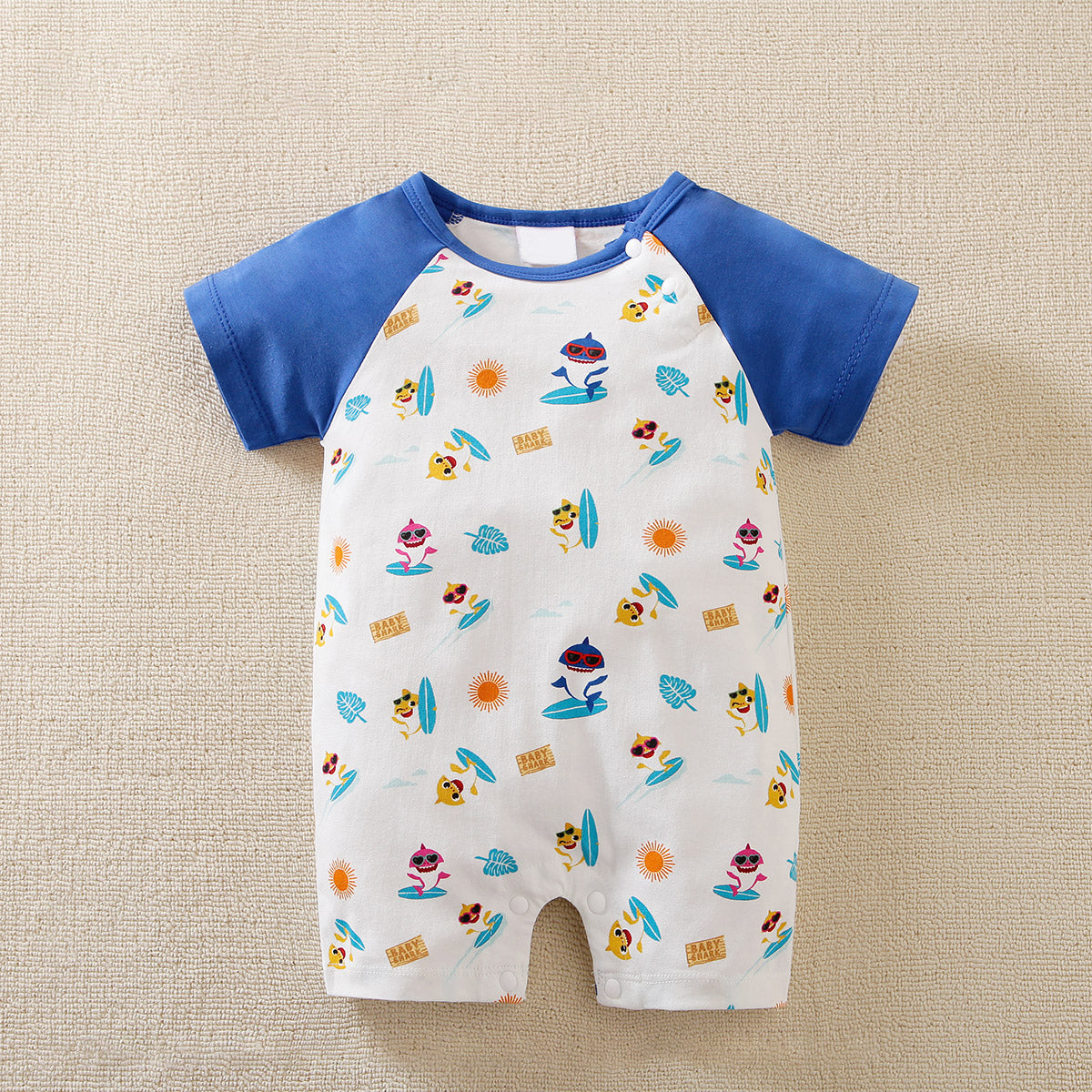 Mayoreo BabyShark Mono de algodón de manga corta con estampado de dibujos animados para bebé niño Blanco 3-6 M