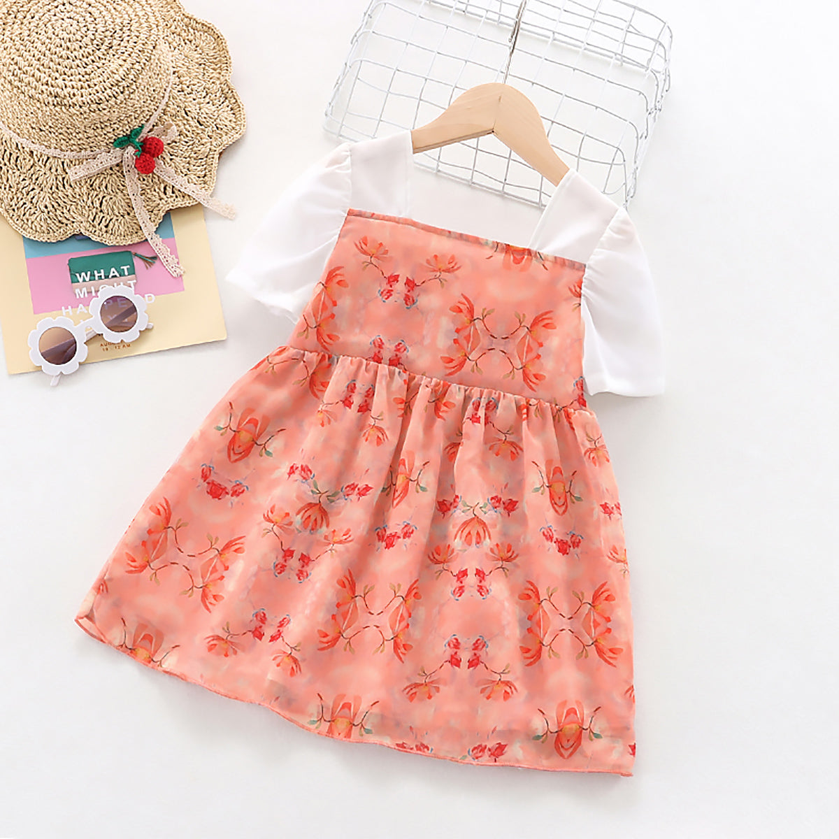 Mayoreo Vestido floral básico de algodón para niñas pequeñas Rosado 12-18 M