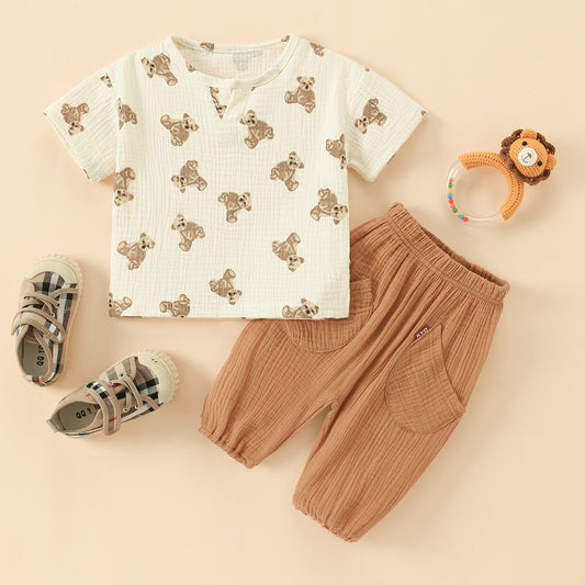 Mayoreo Camiseta y pantalones de manga corta con patrón de oso para niños pequeños marrón 12-18 M