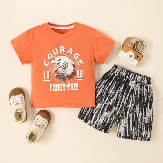 Mayoreo Camiseta y pantalones cortos con estampado de letras de águila informal para niño pequeño marrón 12-18 M