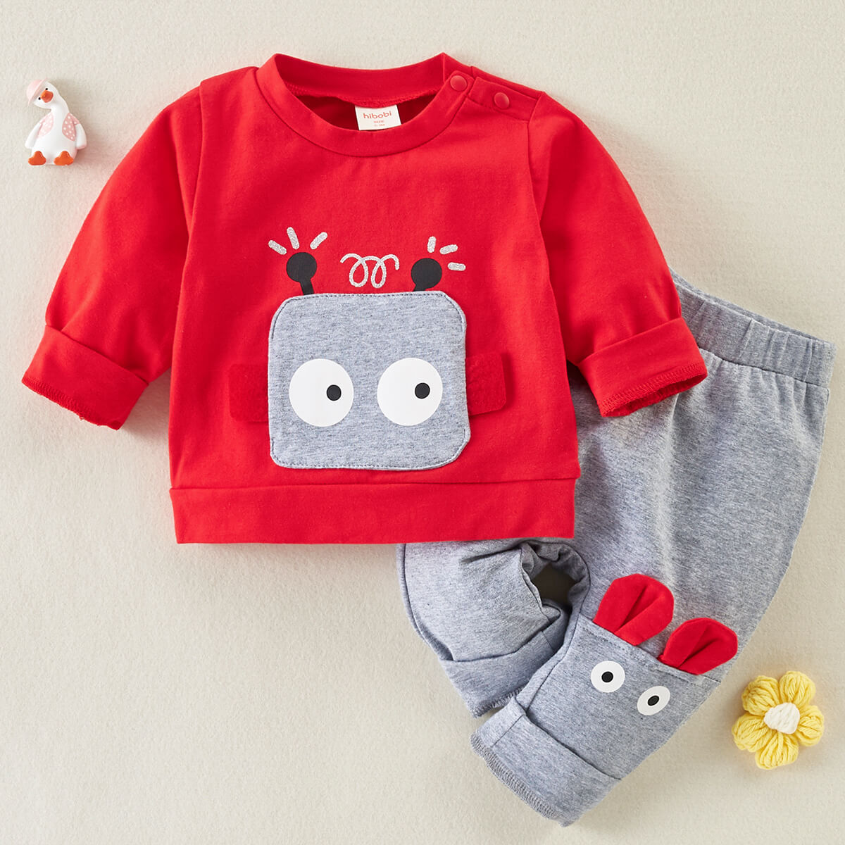 Mayoreo Pantalón de dos piezas con estampado de robot para bebé niño rojo 12-18 meses