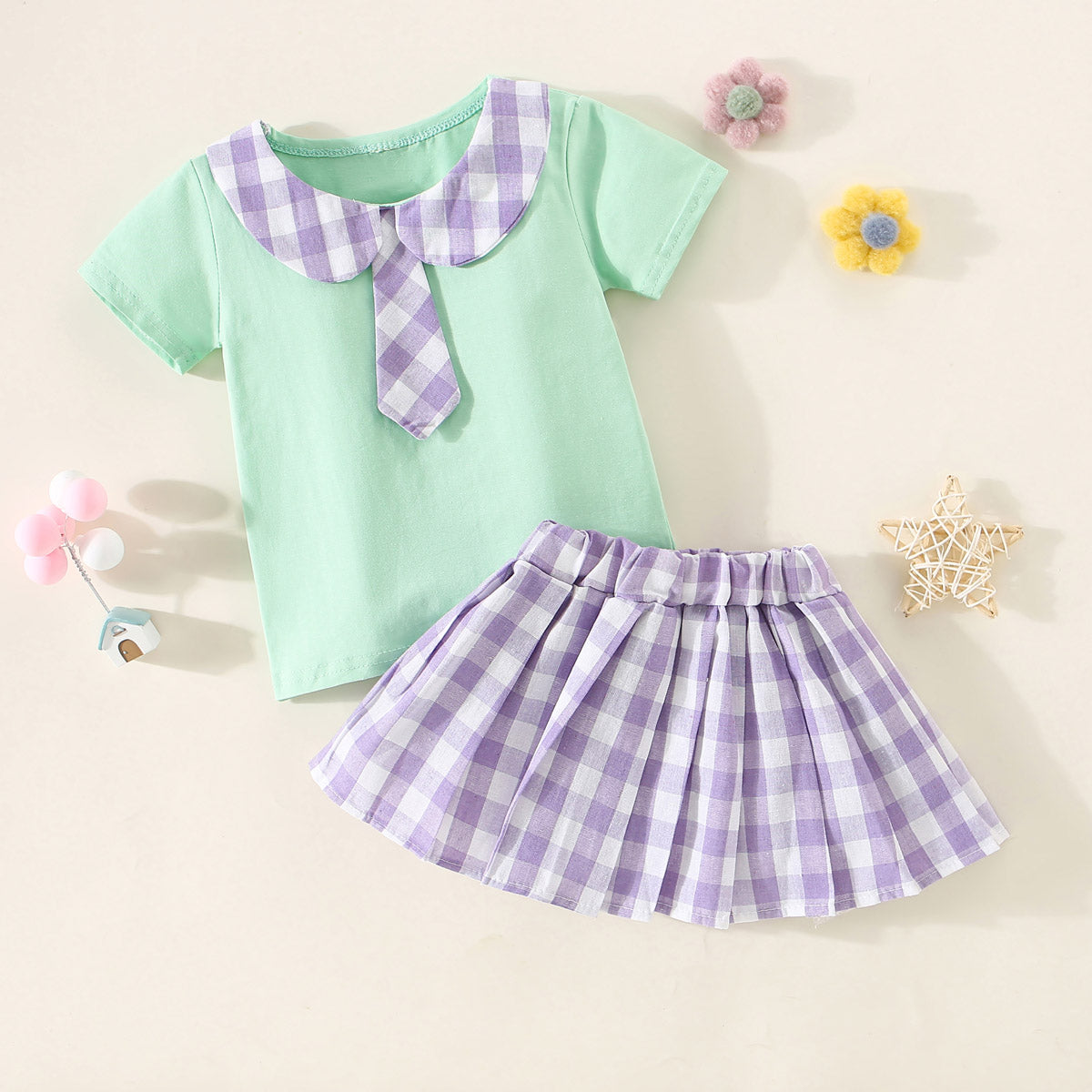 Mayoreo Camiseta con decoración de pajarita y solapa a cuadros para niña pequeña de 2 piezas y falda plisada a cuadros Verde 18-24 M