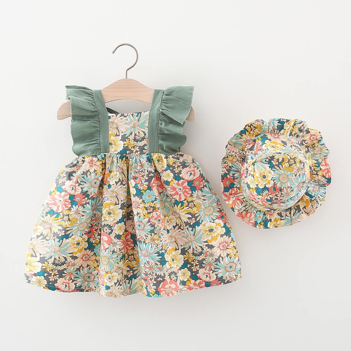 Mayoreo Vestido y gorro con estampado floral para niña pequeña Verde 9-12 M