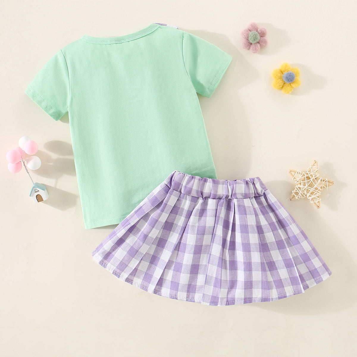 Mayoreo Camiseta con decoración de pajarita y solapa a cuadros para niña pequeña de 2 piezas y falda plisada a cuadros Verde 2-3 Y