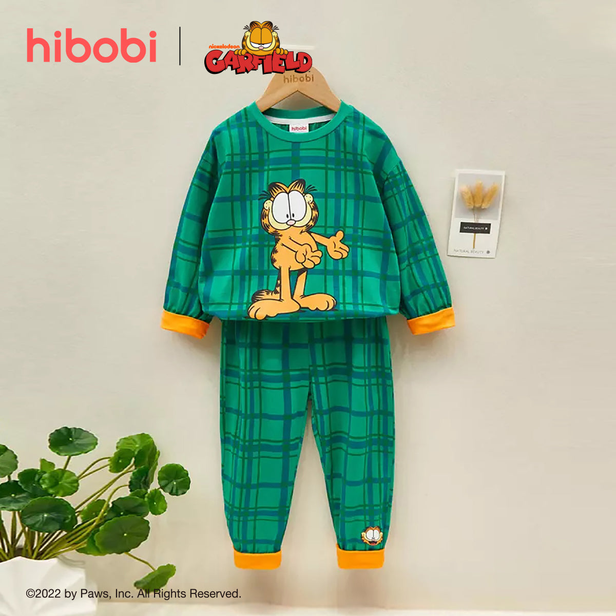 Mayoreo Hibobi x Garfield traje de pantalón y top de gato a cuadros con animales de dibujos animados de algodón para niño pequeño Verde 18-24 meses