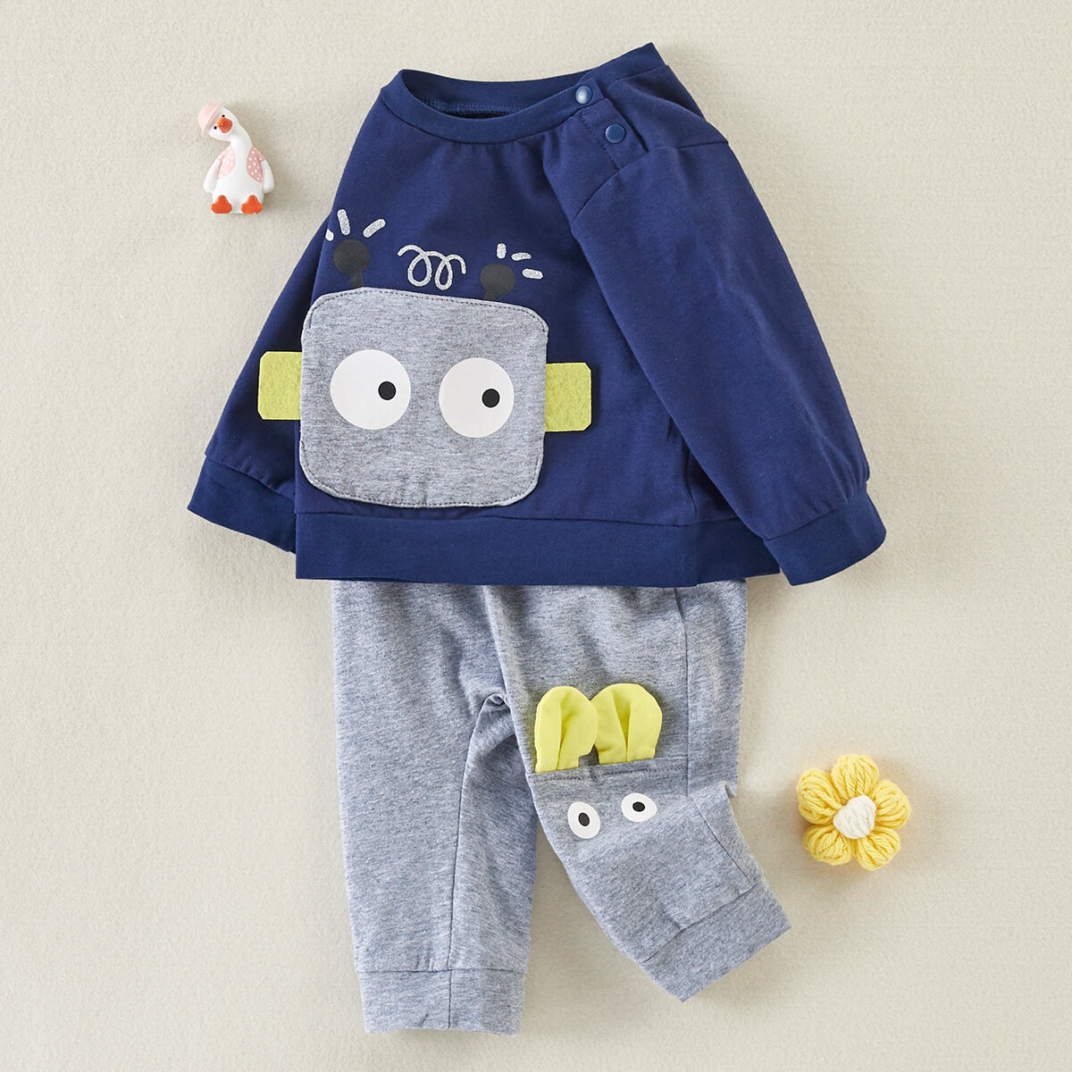 Mayoreo Pantalón de dos piezas con estampado de robot para bebé niño Azul marino 12-18 meses