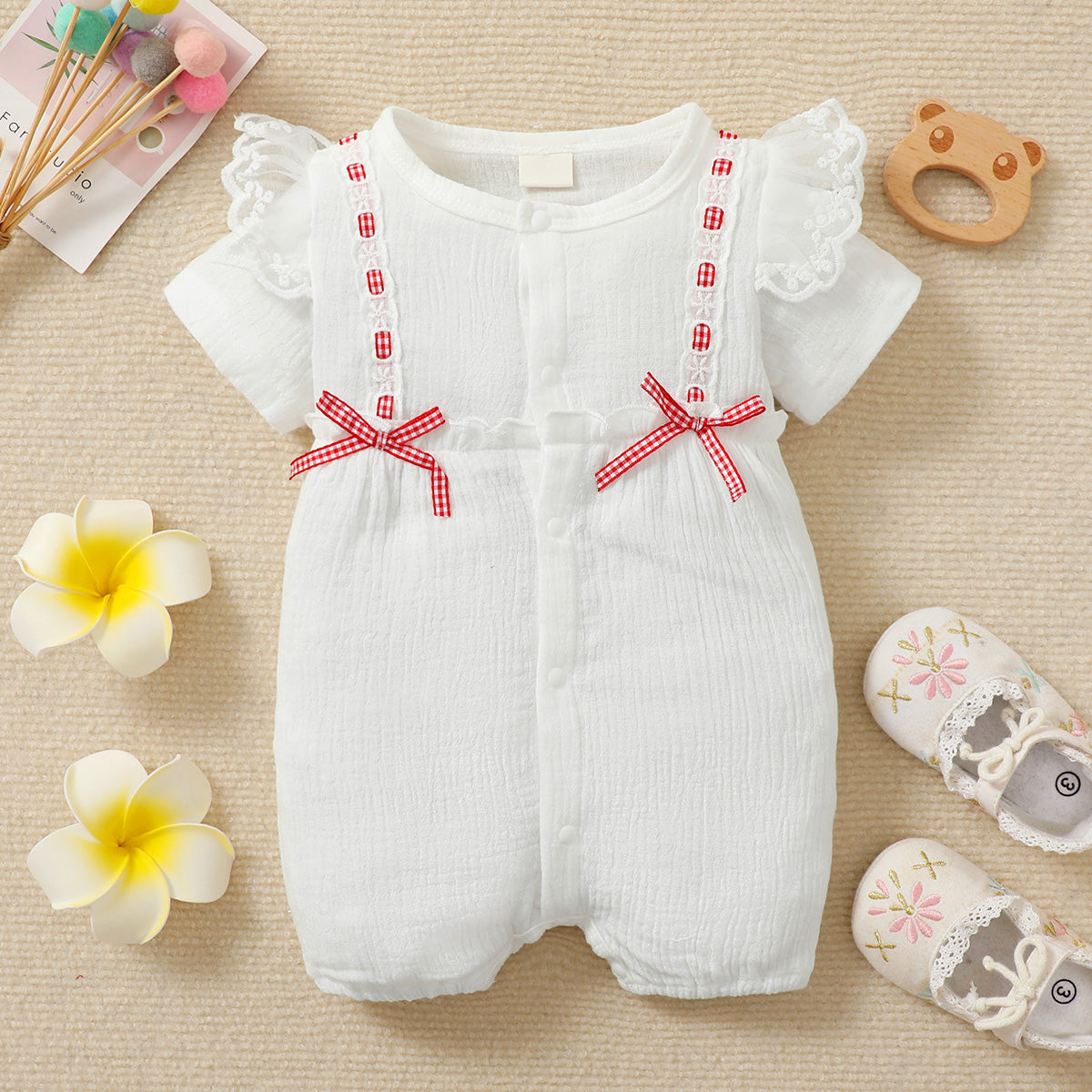 Mayoreo Girl Baby Body de encaje blanco sólido con lazo Rosado 3-6 M