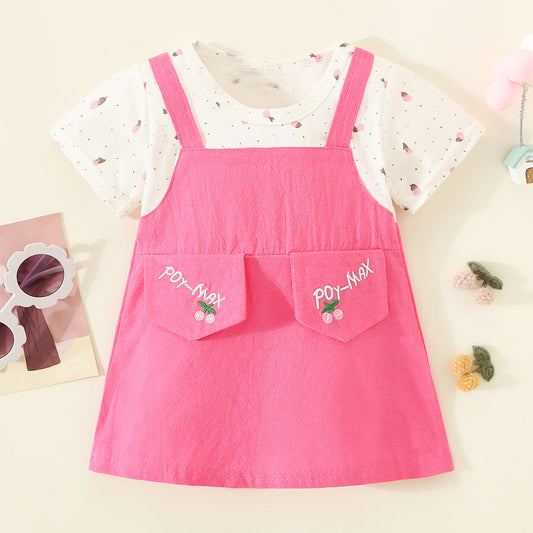 Mayoreo Vestido de manga corta de retazos bordados con letras y cerezas de algodón puro para niña pequeña Rosa caliente 9-12 M