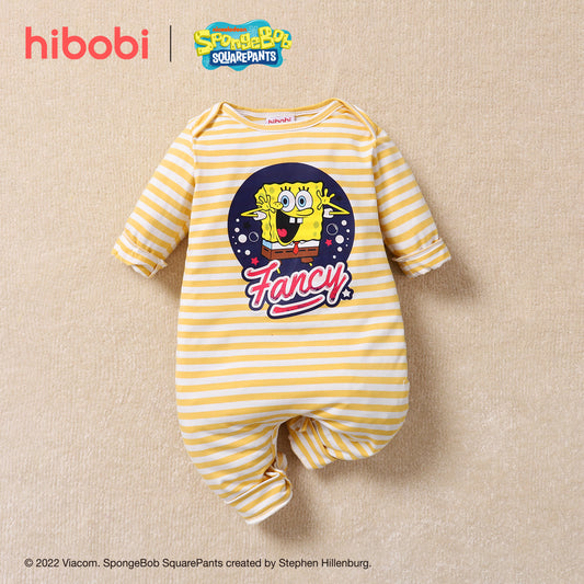 Mayoreo hibobi×Bob Esponja Baby Cute Print Stripe Mono de algodón de manga larga Amarillo 3-6 meses