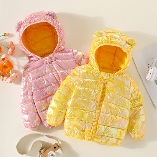 Mayoreo Abrigo acolchado de algodón con cremallera y capucha de color liso para niña pequeña Amarillo 12-18 M