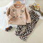 Mayoreo Conjunto de pijama de 2 piezas para niña pequeña 100% algodón de color sólido estilo gato de manga larga de felpa y pantalones de felpa con estampado de leopardo marrón 18-24 M