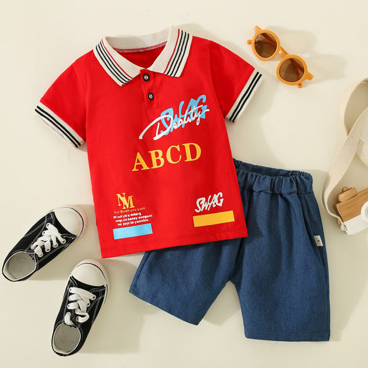 Mayoreo Polo de manga corta con estampado de letras de algodón puro para niños pequeños de 2 piezas y pantalones cortos de color sólido rojo 9-12 M
