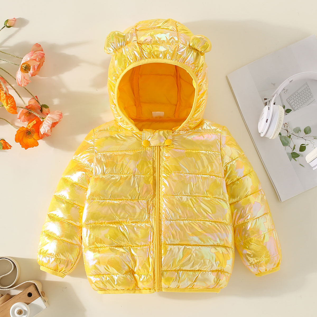 Mayoreo Abrigo acolchado de algodón con cremallera y capucha de color liso para niña pequeña Amarillo 18-24 M