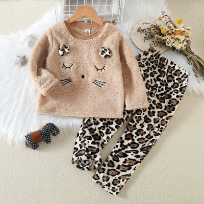 Mayoreo Conjunto de pijama de 2 piezas para niña pequeña 100% algodón de color sólido estilo gato de manga larga de felpa y pantalones de felpa con estampado de leopardo