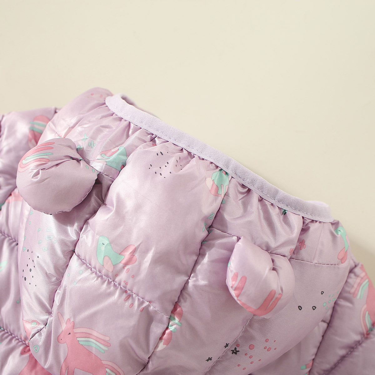 Mayoreo Abrigo acolchado de algodón con cremallera y capucha con estampado de unicornio de dibujos animados para niña pequeña Púrpura 9-12 M