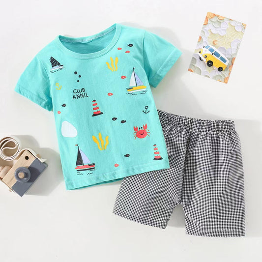 Mayoreo Camisa y pantalones de manga corta con estampado de pirámide para niños pequeños Azul 9-12 M