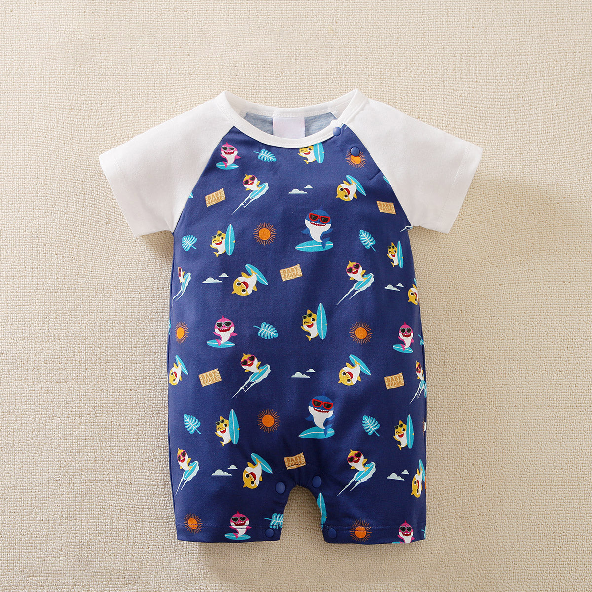 Mayoreo BabyShark Mono de algodón de manga corta con estampado de dibujos animados para bebé niño Azul 12-18 M