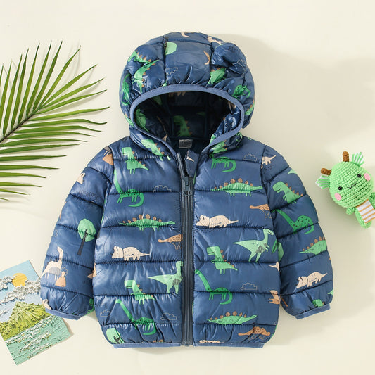 Mayoreo Chaqueta acolchada de algodón con capucha y patrón de dinosaurio para niños pequeños gris 12-18 M