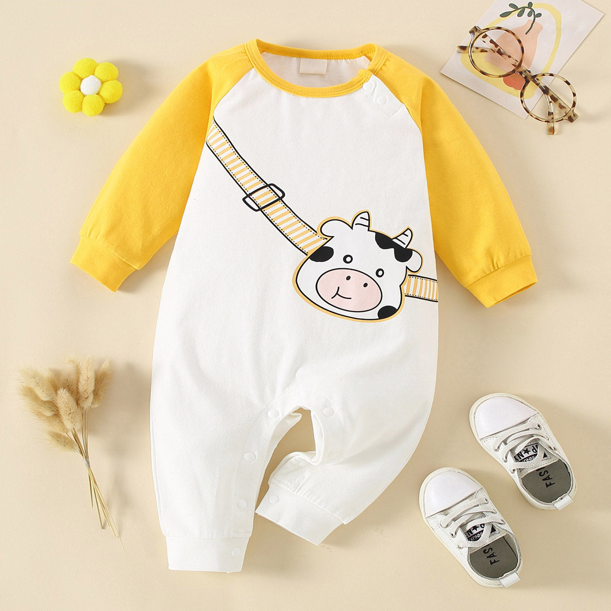 Mayoreo Baby Yellow Cow Print Patchwork Body de manga larga Blanco 0-3 M