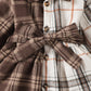 Mayoreo Vestido de manga larga con botones a cuadros y patchwork de bloque de color para niña pequeña de 2 piezas y cinturón con lazo marrón 3-4 Y