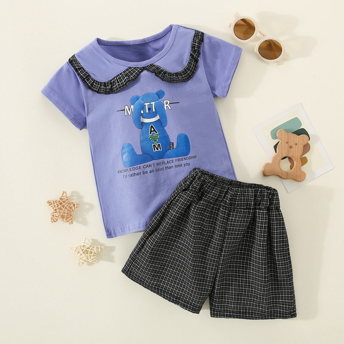 Mayoreo Camiseta de patchwork con solapa estampada de oso y letras para niña pequeña de 2 piezas y pantalones a cuadros Púrpura 2-3 Y