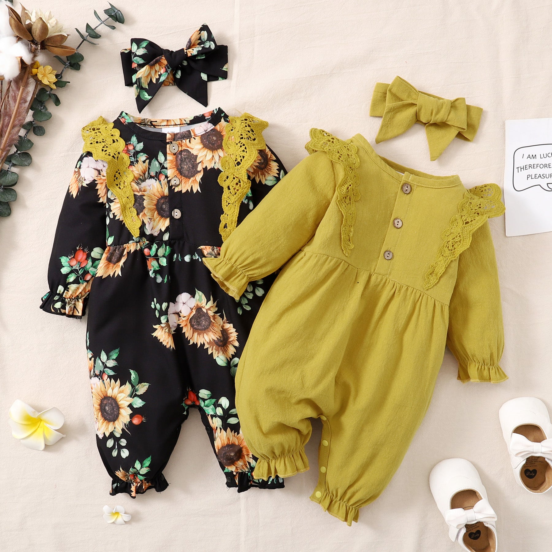 Mayoreo Mono y diadema de manga larga con flores de girasol y volantes para bebé niña Negro 0-3 meses