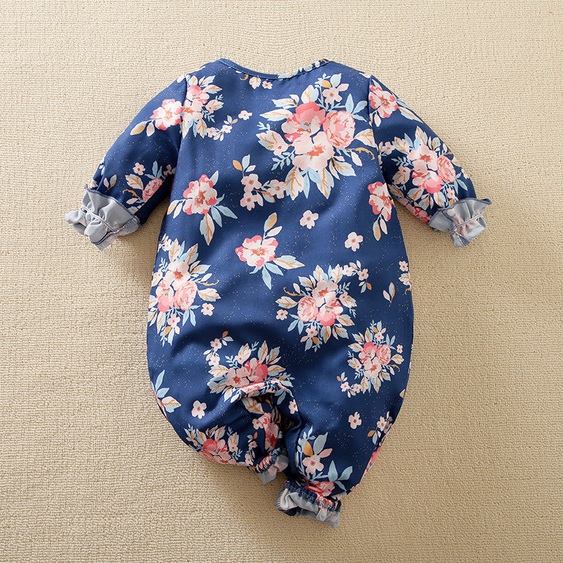 Mayoreo Mono de manga larga con volantes y encaje floral para bebé niña Azul profundo 3-6 meses