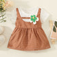 Mayoreo Vestido de manga corta con decoración de flores en 3D de patchwork de bloque de color a cuadros de algodón puro para niña pequeña marrón 2-3 Y