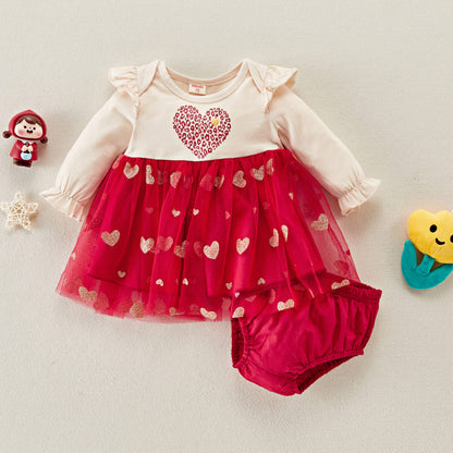 Mayoreo Vestido de malla en forma de corazón con volantes para el día de San Valentín y niña de dos piezas