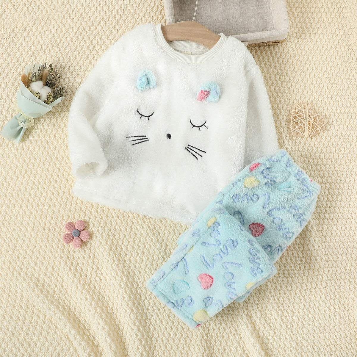 Mayoreo Conjunto de pijama de 2 piezas para niña pequeña 100% algodón de color sólido estilo gato de manga larga de felpa y pantalones de felpa con estampado de leopardo Blanco 6-7 Y