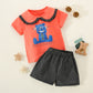 Mayoreo Camiseta de patchwork con solapa estampada de oso y letras para niña pequeña de 2 piezas y pantalones a cuadros naranja 2-3 Y