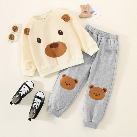 Mayoreo Suéter y pantalones de chándal en forma de oso de color sólido para niños pequeños Beige 18-24 M