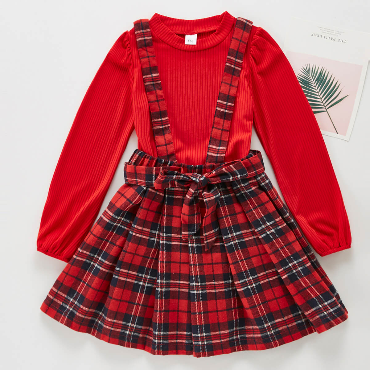 Mayoreo Kid Girl Top de color liso y falda con tirantes a cuadros rojo 18-24 meses