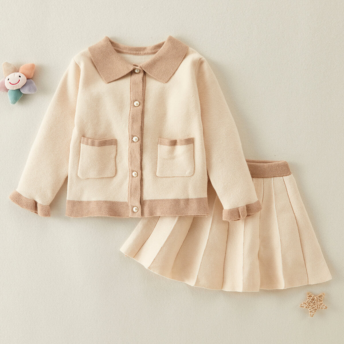 Mayoreo Conjunto de vestido de falda y top sólido de mezcla de sólidos clásicos para niñas pequeñas Beige 7-8 años