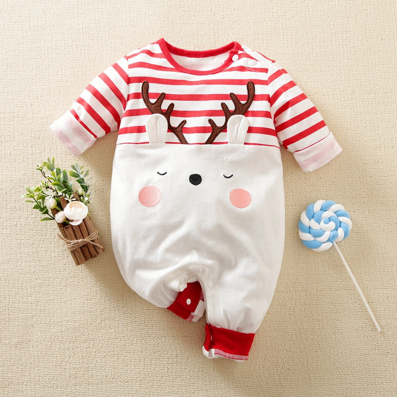 Mayoreo Mono de manga larga con estampado de alces y rayas navideñas para bebé niña rojo 0-3 meses