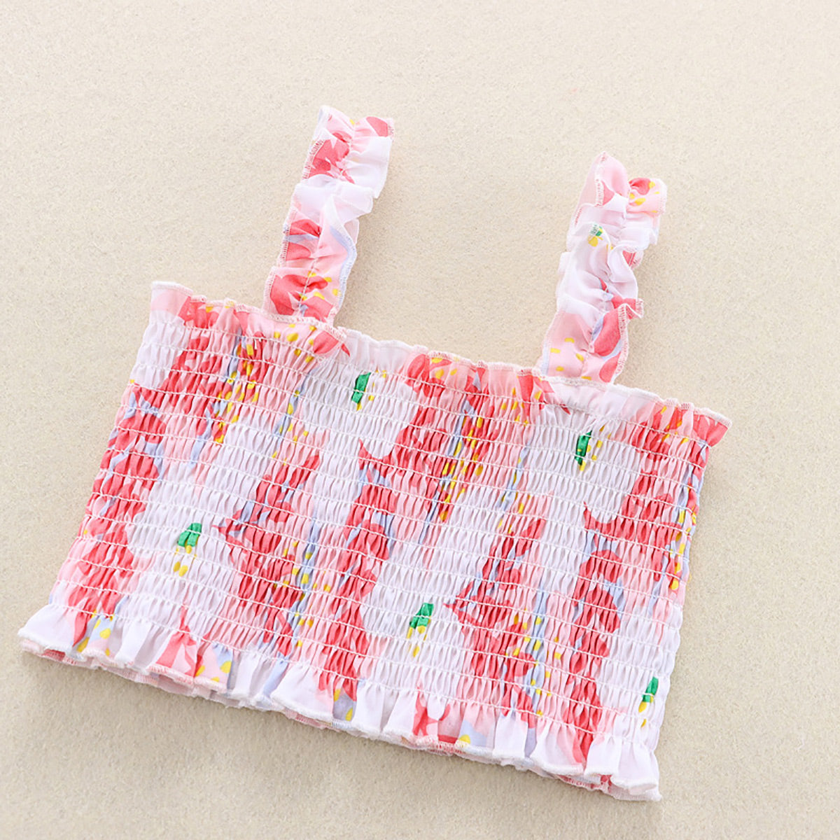 Mayoreo Conjunto de vestido fruncido con falda y blusa floral de algodón para niñas pequeñas Rosado 12-18 M
