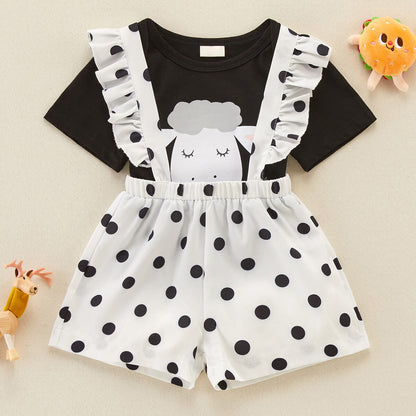 Mayoreo Baby Girl Sheep Print Top Suspender Pant de dos piezas Negro 0-3 M