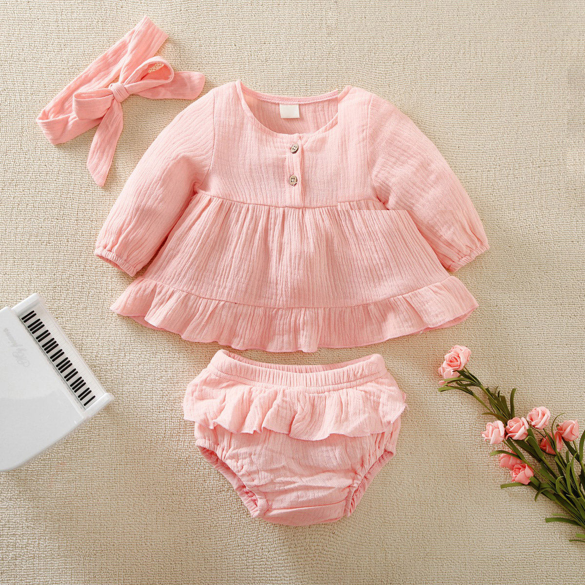 Mayoreo Baby Girl Ruffle Top And Pant There Piece With belt Rosado 6-9 M