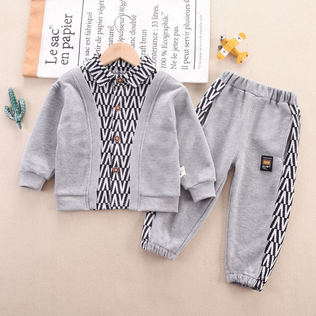 Mayoreo Suéter y pantalones fruncidos con bloque de color para niños pequeños gris 9-12 M